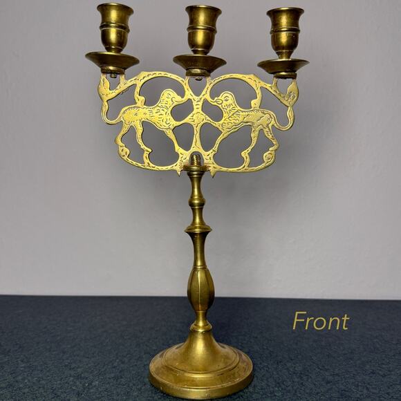 Vintage Brass Judaica Candelabra 3-Arm Lion of Judea Handmade NYC Decor - Picture 3 of 15
